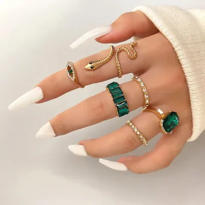 Geometric Green Snake Knuckle Ring Set 